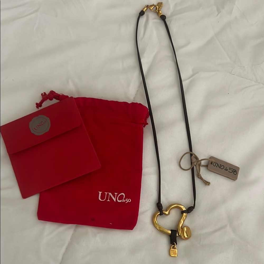 UNO de 50 Gold Heart Necklace with brown Cord